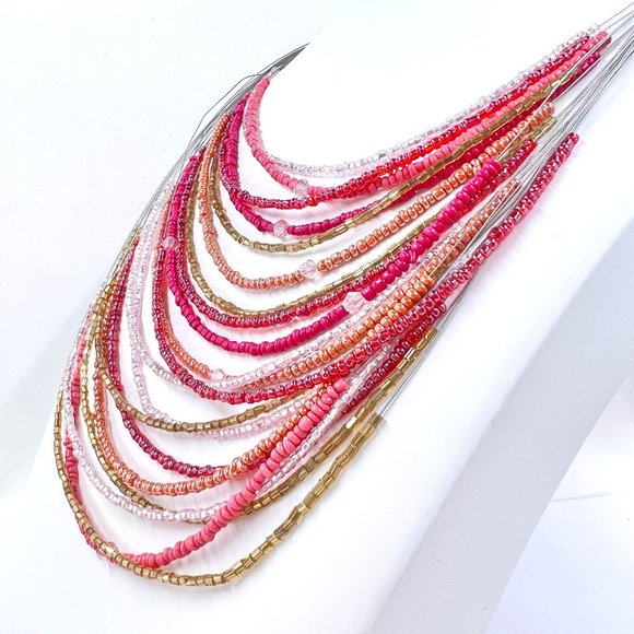 NWT - CJ & Banks - Coral & Pink Seed Bead Layered Silver Tone 18” Wire Necklace - Picture 3 of 9
